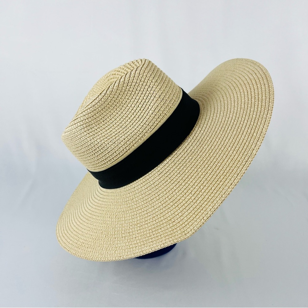 NWOT Jones New York Natural Straw Sun Hat Wide Brim with Black Trim - Picture 4 of 12